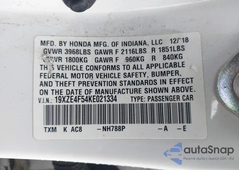 2019 Honda Insight Ex z USA, uszkodzony, nr VIN 19XZE4F54KE021334